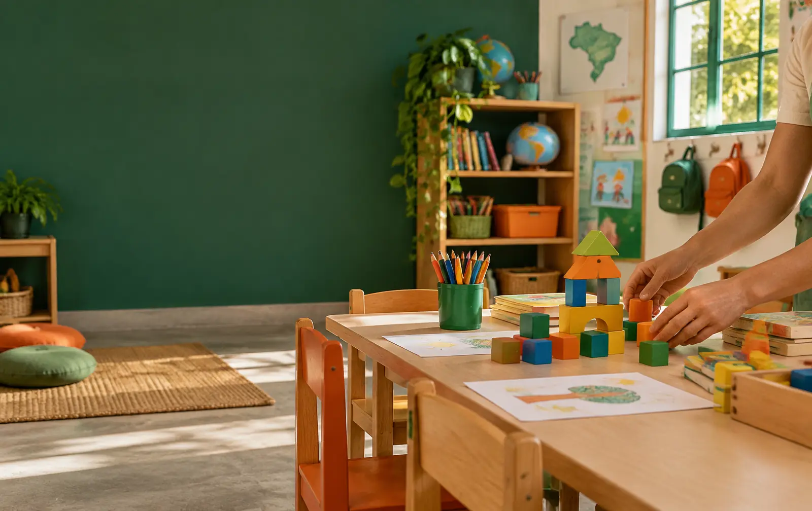 Sala de educação infantil preparada com livros, lápis e blocos educativos